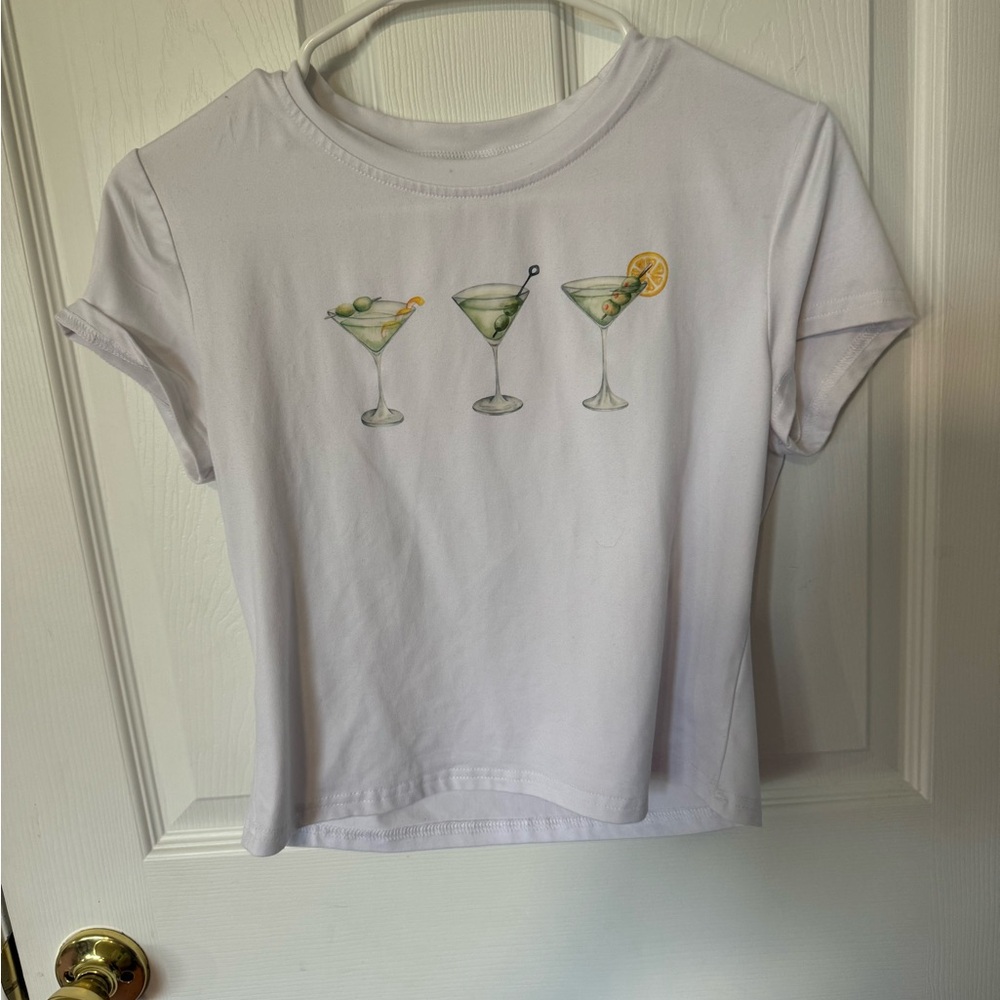 SHEIN White Short Sleeve Tee with Cocktail Design